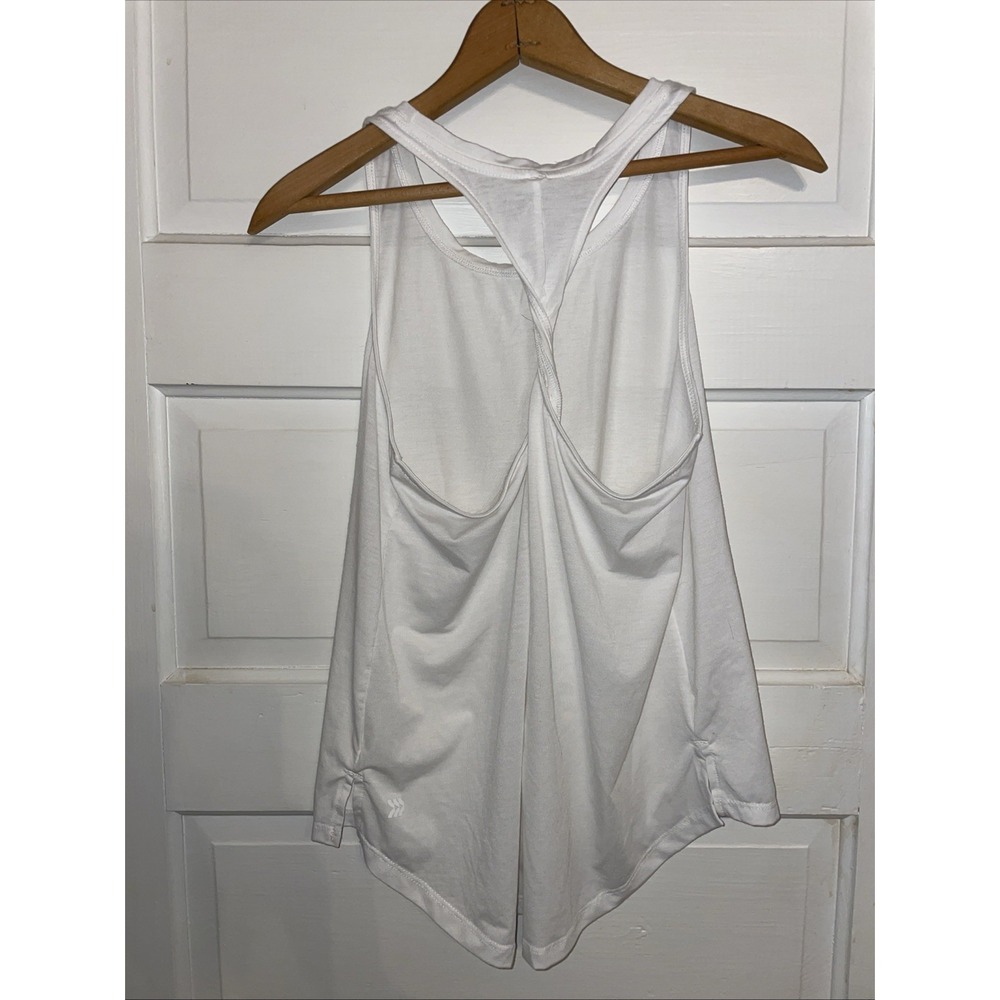 Fit‎ Athletic Exercise Yoga Relax Chill White Tank T back Twist Hi Lo - Picture 2 of 4